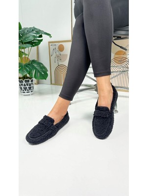 Günlük Kadın Loafer Peluş Astarlı  Oval Burunlu Alçak Desenli Tabanlı Ayakkabı 375