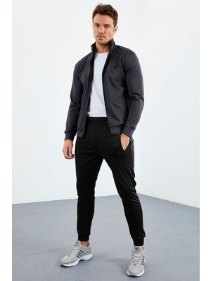 Tommy Life Antrasit-Siyah Dik Yaka Fermuarlı Standart Kalıp Manşetli Erkek Eşofman Takım - 85160