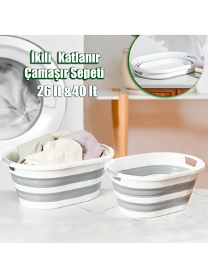 Porsima LA-550 2 Li Katlanabilir Çamaşır Sepeti Akordiyon Katlanır Sele Sepet Silikon Çamaşır Sepeti 40LT