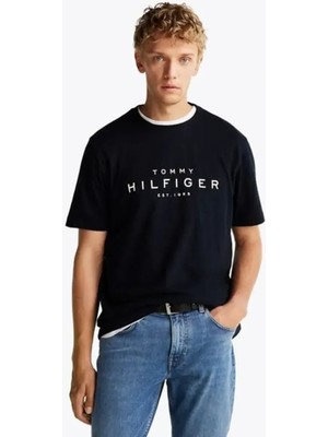 Tommy Hilfiger Erkek Lacivert Logo Yuvarlak Yaka T-Shirt