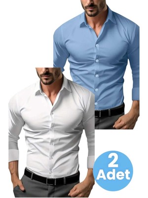 Tezzgelsin Slim Fit Uzun Kol Nefes Alan Kolay Ütülenen Kravatlık Dört Mevsim Erkek Gömlek 2'li Set