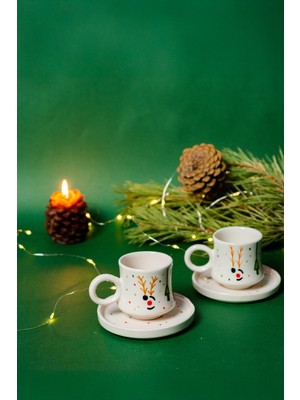 Gezdikçe Bilelim 2’li Takım Yılbaşı Geyikli , El Yapımı Kazan Seramik Kahve Fincanı, Kahve Fincanı, Hand Made