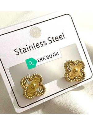 Eke Butik Çelik Yonca Altın Çivili Küpe