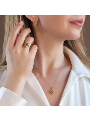 Sitrin Taşlı Elips Lotus Çiçeği Gümüş Set