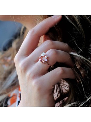 Inci ve Çiçek Motifli Rosegold Kaplama 925 Ayar Gümüş Yüzük