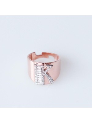 K Harfi Baget Taşlı Rose Gold Kaplama Gümüş Yüzük