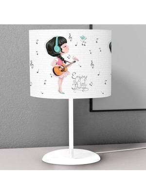 Woodhub Gitar Çalan Kız Desenli Çocuk Odası Dijital Baskılı Çocuk Odası Masaüstü Abajur Avize