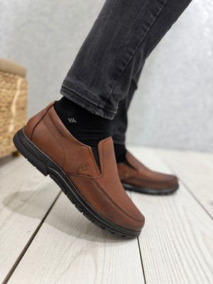 Açık Kahverengi Hakiki Deri Yandan Lastik Detaylı Erkek Ayakkabı