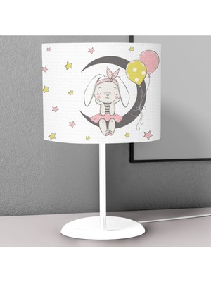 Woodhub Sarı Ay Tavşan Desenli Çocuk Odası Dijital Baskılı Çocuk Odası Masaüstü Abajur Avize