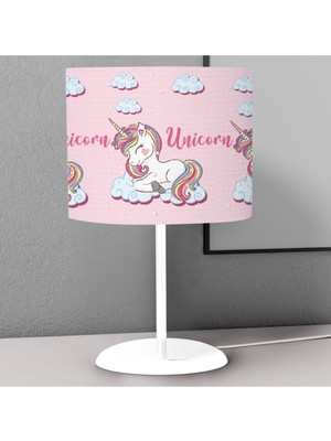 Woodhub Gökkuşağı Unicorn Pembe Desenli Çocuk Odası Dijital Baskılı Çocuk Odası Masaüstü Abajur Avize