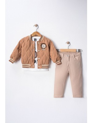 Miniğimin Cicileri Roar Aslan Baskılı Kapitone Desen Ceketli Erkek bebe 3 lü takım - Kahverengi