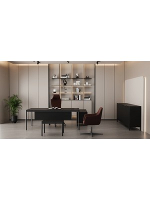 Çağın Ofis Mobilyaları Less 200 cm Tekli Etajerli Siyah Yönetici Çalışma Ofis Masa Takım