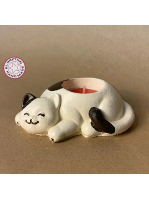 Uretti El Yapımı Bej - Kahverengi Sevimli Kedi Tealight Mumluk - 6 x 10 cm