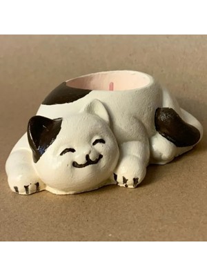 Uretti El Yapımı Bej - Kahverengi Sevimli Kedi Tealight Mumluk - 6 x 10 cm