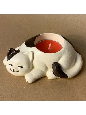 Uretti El Yapımı Bej - Kahverengi Sevimli Kedi Tealight Mumluk - 6 x 10 cm