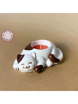 Uretti El Yapımı Beyaz - Kahverengi Sevimli Kedi Tealight Mumluk - 6 x 10 cm