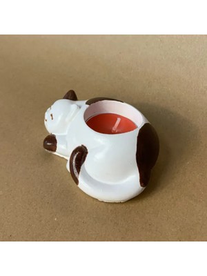 Uretti El Yapımı Beyaz - Kahverengi Sevimli Kedi Tealight Mumluk - 6 x 10 cm