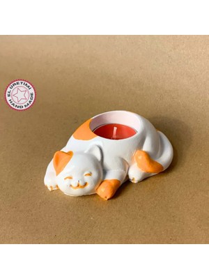 Uretti El Yapımı Turuncu - Beyaz Sevimli Kedi Tealight Mumluk - 6 x 10 cm