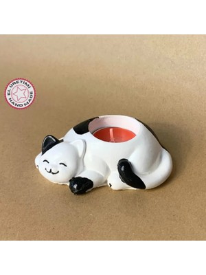 Uretti El Yapımı Siyah - Beyaz Sevimli Kedi Tealight Mumluk - 6 x 10 cm