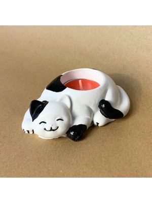 Uretti El Yapımı Siyah - Beyaz Sevimli Kedi Tealight Mumluk - 6 x 10 cm