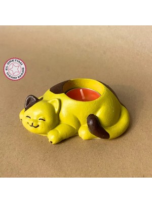 Uretti El Yapımı Yeşil - Kahverengi Sevimli Kedi Tealight Mumluk - 6 x 10 cm