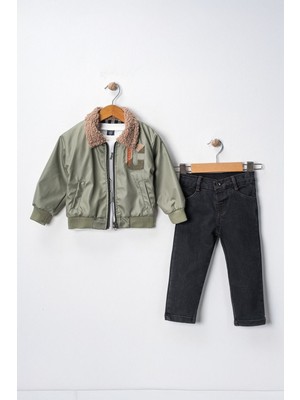 Miniğimin Cicileri C Panç Işlemeli Deri Ceketli Erkek Çocuk 3 lü takım - Yeşil