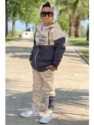 Riccotarz Erkek Çocuk Yazı Baskılı Kazak Çift Renk Ceket Krem-Gri Eşofman Takım