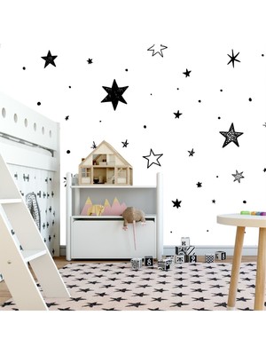 Çocuk Odası Duvar Kaplama Folyo Yıldızlar Siyah Beyaz Kendinden Yapışkanlı 50 cm  x 300 cm
