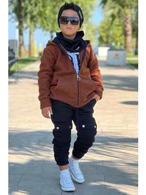 Riccotarz Erkek Çocuk Ok Yazı Baskılı Kazak Kahverengi Peluş Yünlü Ceket Penye Alt Eşofman Takım