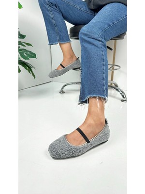 Nstil Günlük Kadın Babet Peluş Lastikli Oval Burunlu Alçak Topuklu Tırtıklı Tabanlı Ayakkabı 369