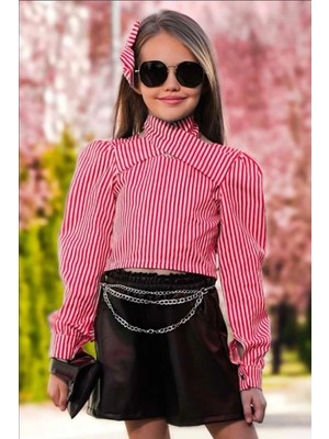 Riccotarz Kız Çocuk Sırtı Düğme Detaylı Çizgili Bluz Deri Şortlu Takım