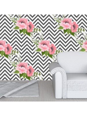 Duvar Kaplama Folyo Çizgili Pembe Çiçek Kendinden Yapışkanlı 50 cm  x 300 cm