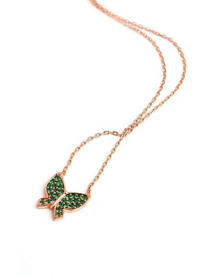 Ose Shop Yeşil Zirkon Taşlı 925ayar Gümüş Rose Minimal Kelebek Kolye