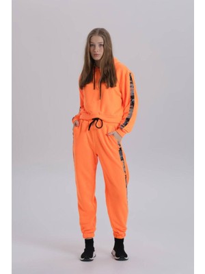Gri Kamuflaj Şerit Detaylı Oversize Kapüşonlu Eşofman Takımı