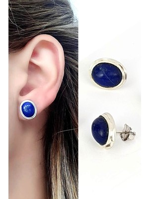 Ose Shop Lapis lazuli taşlı 925ayar gümüş tasarım el işi oval küpe