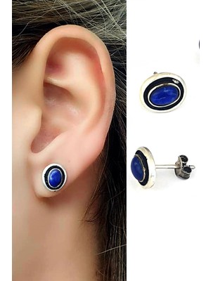 Ose Shop Lapis lazuli taşlı 925 ayar gümüş oval tasarım küpe