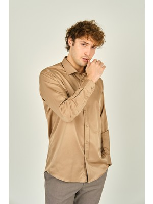 Figs Erkek Slim Fit Uzun Kollu Pamuklu Parlak Kumaş Gömlek 0013 Camel