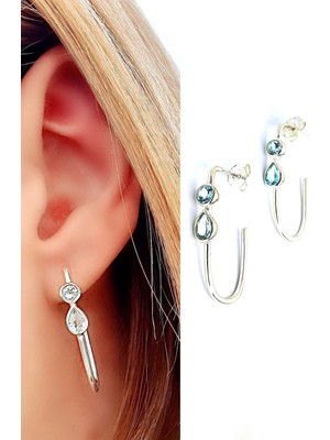 Ose Shop Mavi Topaz Taşlı 925ayar Gümüş Yarım Halka Oval Küpe