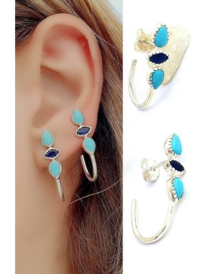 Ose Shop Turkuaz ve Lapis Taşlı  925ayar Gümüş  Yarim Halka Oval KüpeTurkuaz ve Lapis Taşlı  925ayar Gümüş  Yarim Halka Oval Küpe