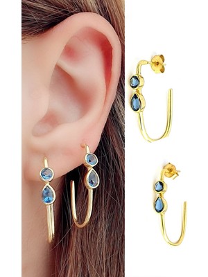 Ose Shop Aquamarin Taşlı 925 ayar Gümüş Üzerine Altın Kaplama Yarım Halka Oval Küpe