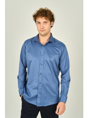 Figs Erkek Slim Fit Uzun Kollu Pamuklu Parlak Kumaş Gömlek 0013 Indigo