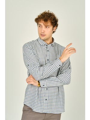 Figs Erkek Slim Fit Ekoseli Uzun Kollu %100 Pamuk Gömlek 0016 Bej