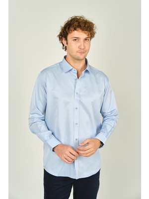 Figs Erkek Slim Fit Uzun Kollu Pamuklu Parlak Kumaş Gömlek 0013 Açık Mavi