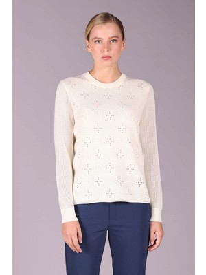 Sempre Kadın Bisiklet Yaka Ajurlu Triko Yün Kazak 2544 Fildişi