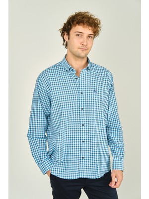 Figs Erkek Slim Fit Ekoseli Uzun Kollu %100 Pamuk Gömlek 0016 Mavi