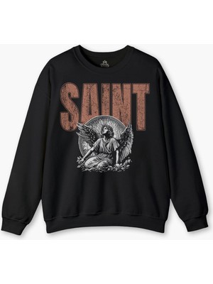 Siyah Sweat Saint Gothic Kutsal Melek Angle Basklı Bisiklet Yaka Sweatshirt