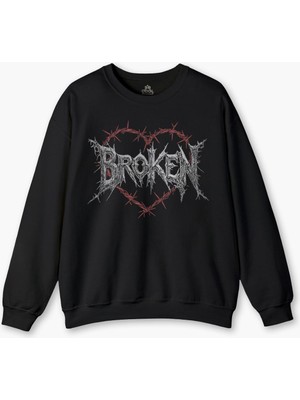 Bisiklet Yaka Sweatshirt Broken Hearts Gothic Y2K Yazı Baskılı Siyah Sweat