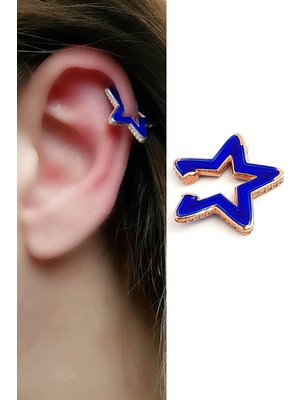 Ose Shop Lacivert Mineli Zirkon Taş Detaylı 925AYAR Gümüş Neon Yıldız Earcuff Sıkıştırmalı Kıkırdak Küpesi