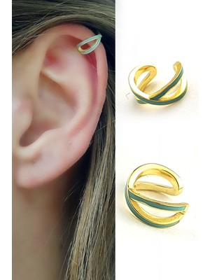 Ose Shop Su Yeşili Mineli 925AYAR Gümüş Earcuff Sıkıştırmalı Kıkırdak Küpes