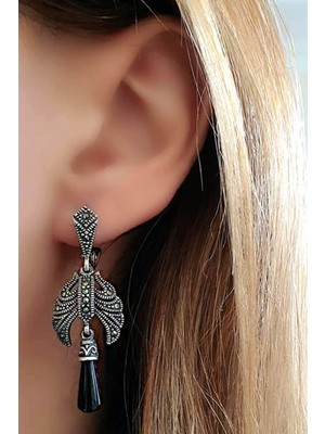 Ose Shop Oniks taşlı markazit taş detaylı tasarım gümüş küpe